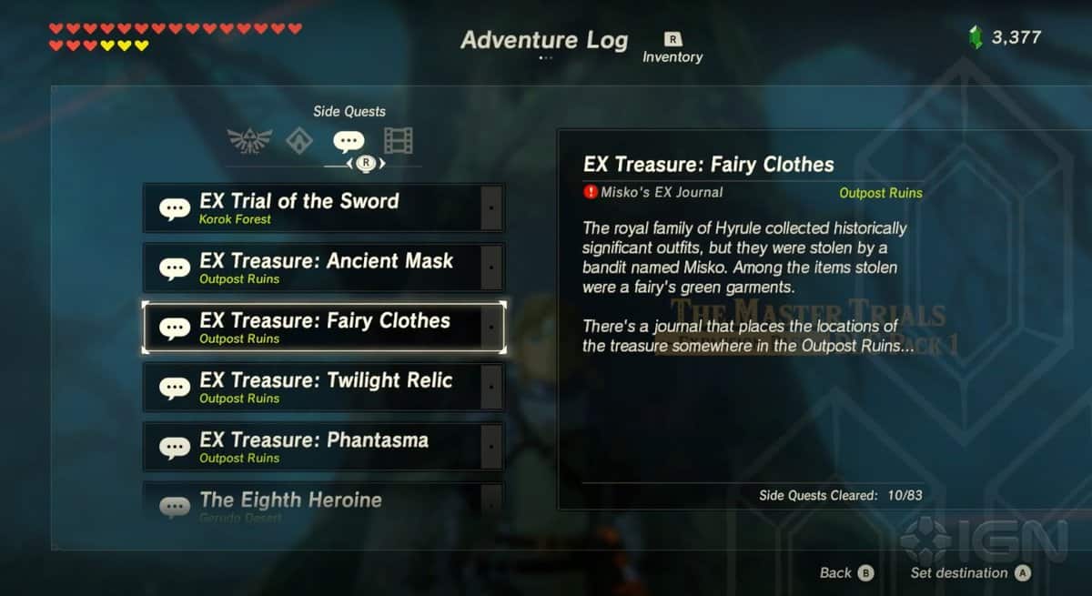 Zelda : Breath Of The Wild - Trésor Ex : Guide de la quête des habits de fée